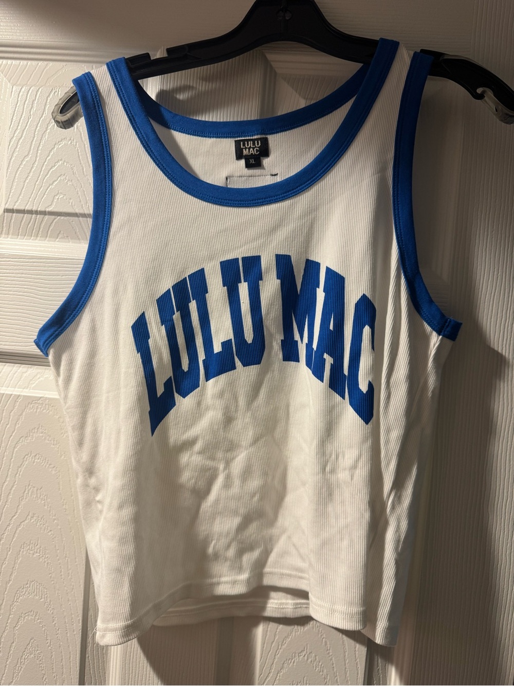 Lulu Mac White Tank with Blue Trim and Arched Logo